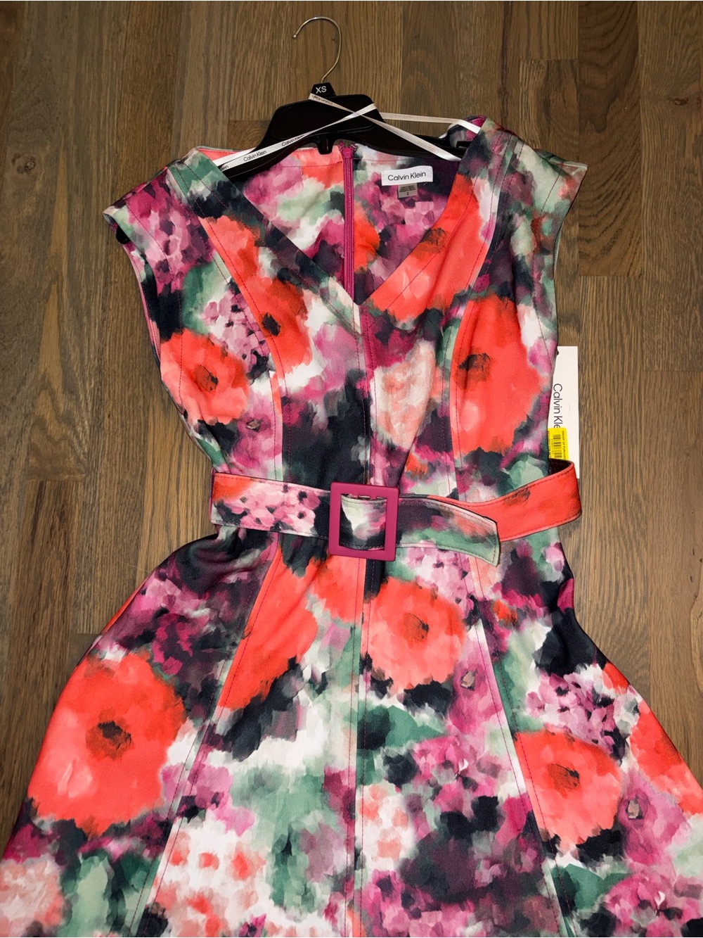 NWT Calvin Klein Size 2 Floral Fit & Flare Midi Dress Belted V-Neck - Picture 3 of 9